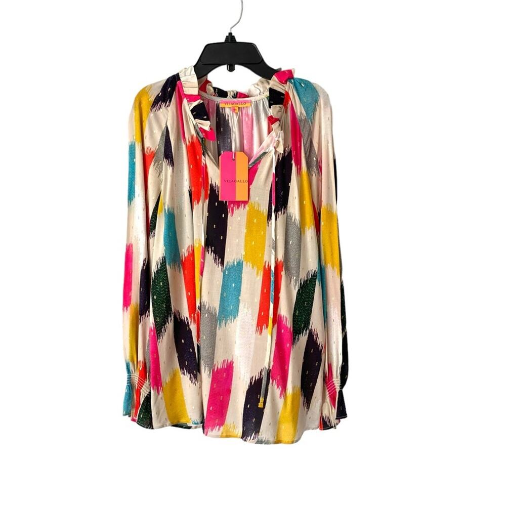 Vilagallo Velma Top Rainbow Brushstroke Gold Metallic Blouse NWTS size 44 US 12 - Picture 2 of 11